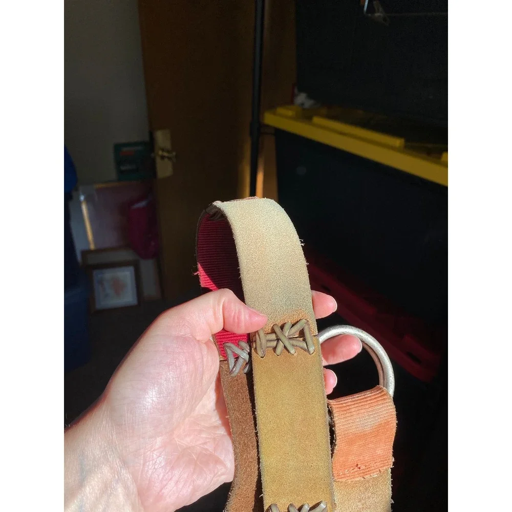 Y2K Patchwork Corduroy Suede Whipstitch‎ D-Ring Belt Boho Hippie Western Granola